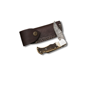 Couteau pliant artisanal en acier Damas, manche en corne de cerf, couteau de poche personnalisé, qualité industrielle Pasha Enterprises, garantie de 3 ans - Product Image 1