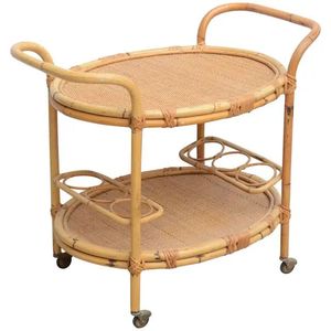 Decorative Rattan Rolling <b>Serving</b> Cart With Strong Wooden Shelves And Handmade Wicker Detailing For Indoor Furniture - Product Image 4