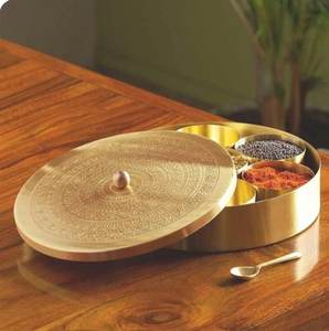 Brass Masala Box: Handmade Indian <b>Spice</b> <b>Storage</b> with Spoon - Product Image 1