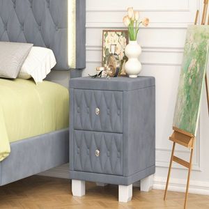 Elegant Grey Button Tufted Nightstand with <b>2</b> <b>Drawers</b> and Crystal Handle <b>Storage</b> Bedside Table - Product Image 1