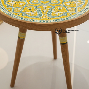 Tabouret en bois jaune Meena de luxe – Tabouret d'appoint décoratif artisanal pour espaces contemporains - Product Image 4