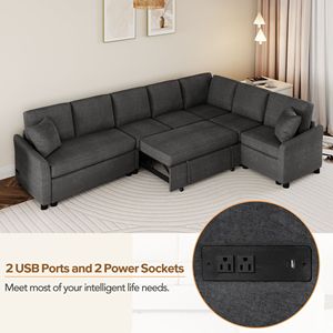 Canapé-lit convertible en forme de L de 124,8 pouces avec deux oreillers dorsaux, deux ports USB et deux prises électriques - Product Image 4