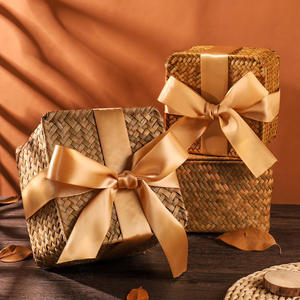 Premium Holiday <b>Gift</b> <b>Hamper</b> Square Bamboo <b>Gift</b> Box Elegant Ribbon Tie Woven Straw <b>Basket</b> Luxury Christmas New Year Packing Case - Product Image 2