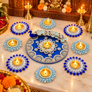 Peacock Diwali Decoration Diya Set of 9 with Kundan Stones & Shell <b>Work</b> Table Decor, Pooja Decor & Festive Gifting for <b>Home</b> <b>Gift</b> - Product Image 5