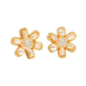 Vintage 18K Gold Plated Floral Stud Earrings with Zircon and Pearl - Product Image 1