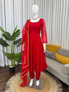 Women's Modern Solid <b>Red</b> Anarkali Kurta Set with Chiffon Dupatta Summer Autumn Party Wear Ethnic Salwar Suit - Product Image 2