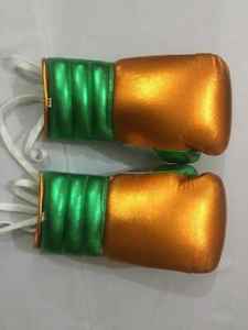 Guantes de Boxeo Profesionales Hechos a Medida en Cuero Vacuno Genuino con Tono Perla Metálico Verde y Dorado - Product Image 6