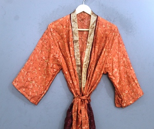 Floral <b>Silk</b> <b>Kimono</b> Robe Women Vintage Sleepwear Drawstring Tie Waist Soft Lightweight Summer Loungewear - Product Image 1