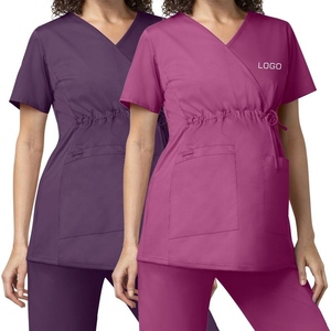 Tops de travail pour femmes à col en V avec cordon de serrage à la taille, bleu, mélange polyester-coton, uniformes d'hôpital pour infirmières - Product Image 3