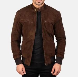 <b>Men's</b> Brown <b>Suede</b> Moto <b>Jacket</b> Stand Collar Zipper Closure Regular Sleeve Autumn Wear Solid Color - Product Image 1