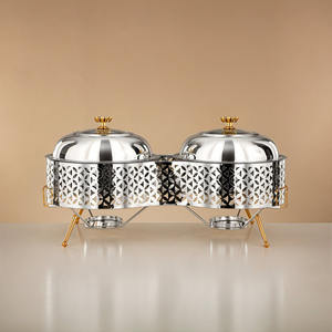 Double Stainless Steel Chafing Dish Laser Cut Design <b>Food</b> <b>Warmer</b> with Glass Lids and Legs Gold Accents for Hotel Event Catering - Product Image 1