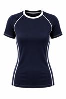 Haut de sport respirant et écologique à manches courtes pour femme, bleu marine, en spandex et polyester, séchage rapide, idéal pour la vente en gros