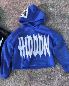 Manufacturer Custom Logo Acid Wash Rhinestone <b>Zip</b> <b>Up</b> <b>Cropped</b> Men's <b>Hoodie</b> Sun Fade Patchwork Embroidered Cotton Fleece - Product Image 2