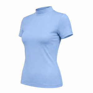 เสื้อยืดคอกลมแขนสั้นทรงพอดีตัวสำหรับผู้หญิง สีฟ้าพาสเทล ผ้าคอตตอนเจอร์ซีย์เนื้อนุ่มแบบริบถัก - Product Image 3