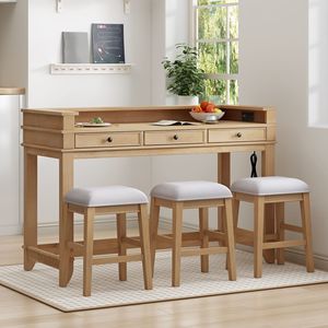 Multifunctional 4-Piece Dining <b>Bar</b> <b>Table</b> Set Gray with 3 Upholstered <b>Stools</b> <b>and</b> 3 Drawers - Product Image 2
