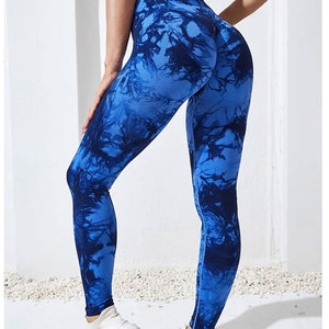 Women's High Waisted Full Length Yoga <b>Leggings</b> Printed Tie Dye <b>Pattern</b> Blue And Gray Four Way Stretch Spandex Polyester Pants - Product Image 6
