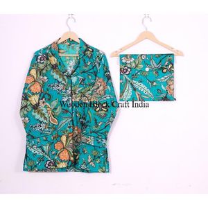 ชุดนอนผ้าฝ้ายพิมพ์ลายบล็อกน้ำหนักเบาสำหรับผู้หญิง เนื้อผ้านุ่ม ระบายอากาศได้ดี เหมาะสำหรับการพักผ่อน การนอนหลับ และสวมใส่สบายๆ - Product Image 2