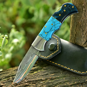 Couteau de poche en acier Damas à prix de gros, couteau pliant de camping avec manche en bois, vente en gros avec étui en cuir - Product Image 6