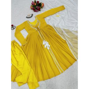 SECUENCIA DE BORDADO GEORGETTE ATRACTIVA TRABAJO CON DORI LATKAN FONDO SUPERIOR CON DUPATTA AMARILLO - Product Image 6