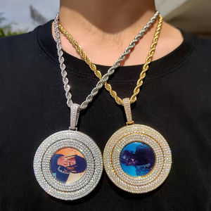 Silver Lab Grown Diamond Multi Row Photo Pendant Custom Face <b>Memory</b> Pendant Necklace For Men - Product Image 1