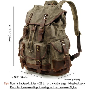 Genuine Leather and Waxed <b>Canvas</b> Travel <b>Backpack</b> Durable Outdoor Hiking Rucksack - Product Image 5