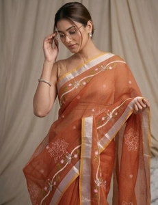 Sari en coton mélangé Kota Doria réversible et infroissable pour femme KV avec chemisier non cousu (Orange) - Product Image 4