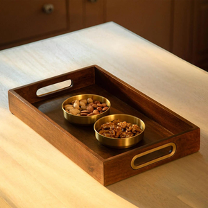 Bandeja de Servir Rectangular de Madera con Asas, Pintada a Mano en Marrón y Dorado, para Desayuno o Té - Product Image 5