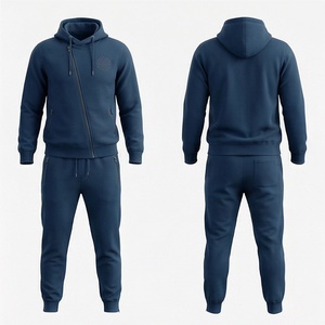 <b>Men's</b> <b>Navy</b> Blue Hooded Tracksuit Solid Color Zipper Front Casual Sportswear Full Sleeve <b>Joggers</b> Set Regular Fit Autumn Wear - Product Image 1
