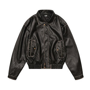 Blouson en cuir décontracté rétro américain pour homme, hiver 2025, avec col montant, fermeture éclair, coupe ample et coupe-vent - Product Image 1