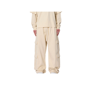 <b>Men's</b> <b>Cream</b> <b>Cargo</b> Pants Elastic Waist Multiple Pockets Casual Midweight Cotton Autumn Wear - Product Image 1