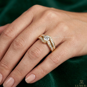 Bague de fiançailles et de mariage de luxe en or jaune 9K 10K 14K 18K avec diamant de laboratoire taille brillant, à double sangle, certifiée IGI pour femme - Product Image 5