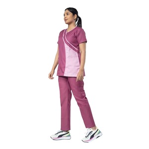 Women's Pink <b>Scrub</b> Set Short Sleeve Top With Pockets Hospital Uniform Woven Polyester Pants - Product Image 1