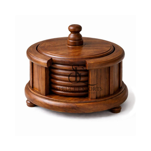 Luxury Round Shape Sheesham Wooden Coaster Set With <b>Box</b> Lid Holder. High Quality Antique Style Drink Mats For <b>Coffee</b> <b>Tables</b> - Product Image 4