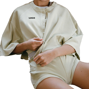 Women's 2 Piece <b>Knitted</b> Shorts <b>Set</b> Loose Fit Casual Top With Logo Print Mandarin Collar Three Quarter Sleeve Above Knee Length - Product Image 1