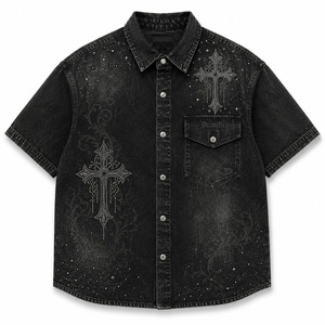 Mineral Wash Black Short Sleeve Shirts With Bling Cross For Roomy Unisex Cyber Y2K <b>Gothic</b> <b>Jacket</b> - Product Image 3