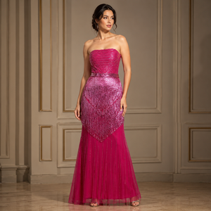 Women’s Pink <b>Sequin</b> Strapless Maxi Dress with Fringe Detail Elegant Sparkly Evening Gown Party Prom Wedding Guest Formal Special - Product Image 3