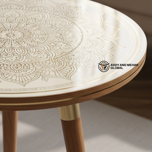 White Meena Print Round Wooden <b>Stool</b> Classic Decorative <b>Stool</b> for Living Room & Bedroom - Product Image 3