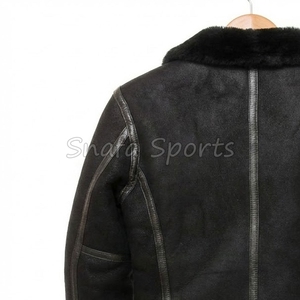 Veste d'aviateur en cuir véritable noir pour homme, col rabattu, coupe-vent, style streetwear, chaude, imperméable, avec fourrure - Product Image 6