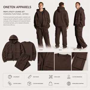ONETEN APPARELS Conjunto de Sudadera con Capucha y Cremallera para Hombre, Estilo Oversize, Chándal Casual de Dos Piezas con Pantalones Cargo, Cremallera Completa Frontal, Color Sólido - Product Image 2