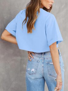 T-shirts pour femmes en tissu jersey, coupe ajustée, manches courtes, couleurs unies, personnalisables OEM, haute qualité, pour le printemps et l'été - Product Image 3