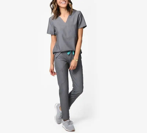 Nouvel ensemble de blouses médicales grises pour femmes 2026 – Col en V, manches courtes, pantalon – Uniforme d'hôpital en coton et polyester tissé – Tenue de travail médicale - Product Image 5