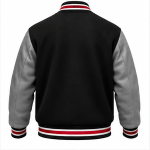 Custom Wholesale OEM Varsity <b>Jacket</b> Black Wool Body Grey <b>Leather</b> Sleeves <b>Red</b> White Snap Button Letterman <b>Jacket</b> PU Material - Product Image 2