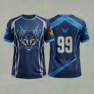 Camiseta Deportiva Unisex de Manga Corta, Poliéster, Sublimación, Diseño de Lobo, Ajustada, Secado Rápido, Azul, Gris, Naranja - Product Image 1