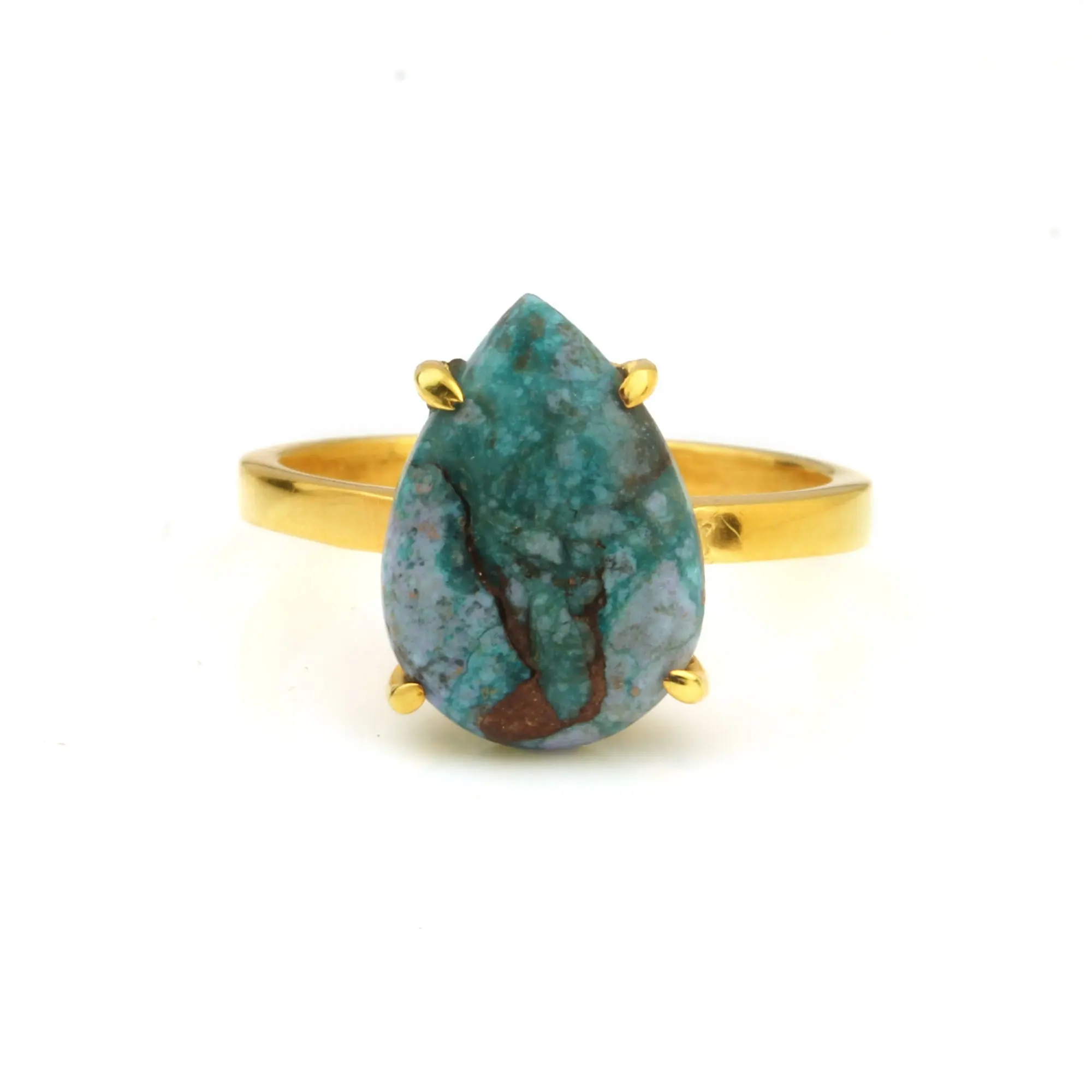 925 Sterling Silver Chrysocolla Copper Gemstone With Gold Plated Prong Trendy Handmade Band Solitaire Ring Cute Gifts For Women