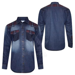 Men's Washed Denim <b>Shirt</b> Long Sleeve Button Down Plaid <b>Patchwork</b> Casual Cotton Jean <b>Shirt</b> with Chest Pockets - Product Image 2
