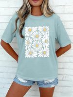 Fabrika Satışı OEM Kadın Büyük Beden T-shirtleri Kır Çiçeği Grafikli Tişörtler Yuvarlak Yaka Yazlık Kısa Kollu Günlük Bol Basic Tunik Üstler