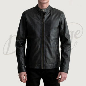 Chaqueta de Cuero Genuino Negra para Hombre, Estilo Motero, Cuello Alto Minimalista, Corte Ajustado, Elegante, Informal - Product Image 6