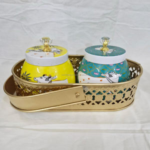 Custom Printed Enamel Metal Storage <b>Canister</b> Jars with Brass Gold Basket Tray Diwali Gift <b>Set</b> Manufacturer Cow Pichwai Design - Product Image 1