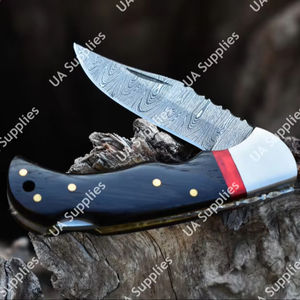 Couteau pliant professionnel en acier Damas, manche en bois Wenge, verrouillage arrière, chasse, camping, poche, EDC, étui en cuir véritable, OEM - Product Image 1