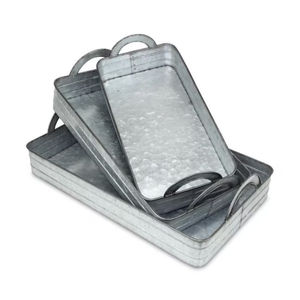 Juego de 3 bandejas de servir de metal galvanizado con asas, estilo rústico, rectangulares, de hierro, para uso doméstico y en restaurantes, a precio de fábrica. - Product Image 1